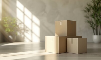 Cardboard boxes on the floor in modern room. Mockup. Delivery concept background.