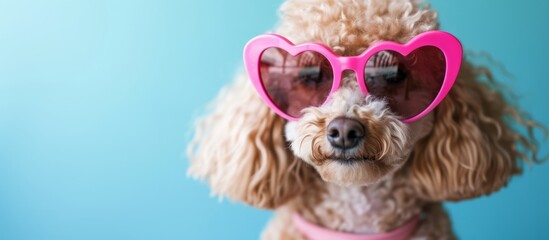 Poodle dog in pink heart-shaped sunglasses.