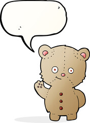 cartoon teddy bear waving with speech bubble
