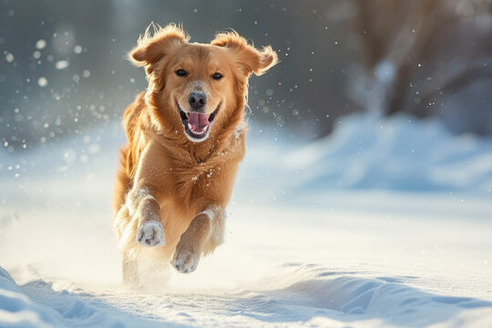 Happy Dog Running in Winter Snow