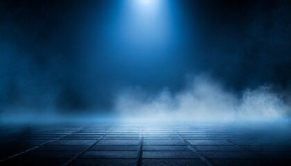 Dark empty street background, blue light and mystic white smoke