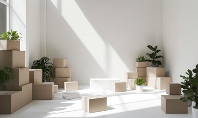 Moving boxes in empty room with green plants. Space for text. Box mockup on white