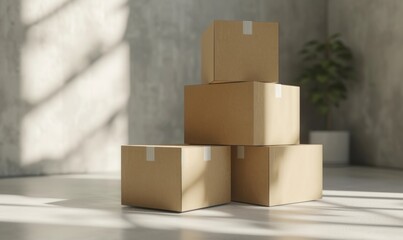 Cardboard boxes on the floor in modern room. Mockup. Delivery concept background.