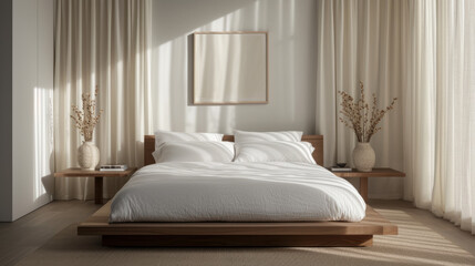 Modern Relaxation: Platform Bed with Crisp White Linens