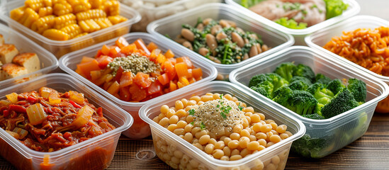 Various plastic containers filled with different types of food.