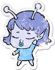 distressed sticker of a cute alien girl cartoon