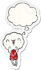 cute cartoon cloud head creature and thought bubble as a distressed worn sticker