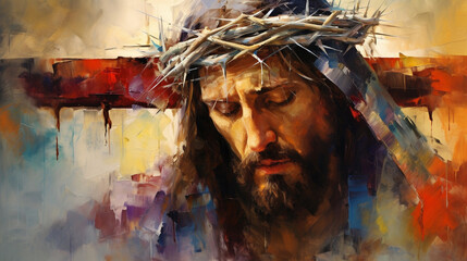 jesus christ carrying the cross abstract portrait painting