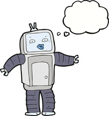 funny cartoon robot with thought bubble