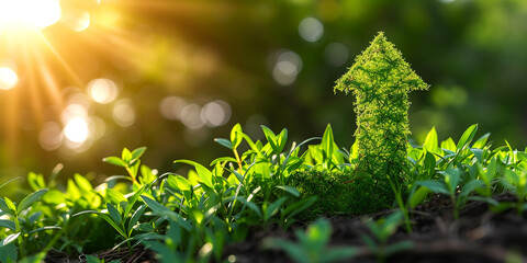 The arrows of lush green grass pointing upward symbolize environmentally friendly progress, sustainable development and positive trends.