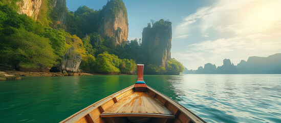 Boat on a beautiful sea beach in the beach lagoon of a tropical island of Thailand - obrazy, fototapety, plakaty