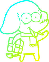 cold gradient line drawing happy cartoon elephant with present