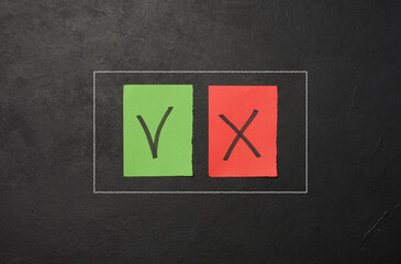 Two paper sheets with drawn check mark and cross symbols, representing the concept of error and...