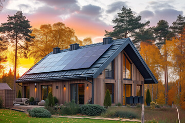 Solar panels on the roof of a modern house at dawn, wide angle. AI generated - obrazy, fototapety, plakaty