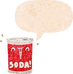 cartoon soda can and speech bubble in retro textured style