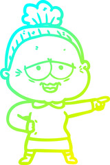 cold gradient line drawing cartoon happy old lady