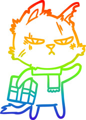 rainbow gradient line drawing tough cartoon cat with christmas present