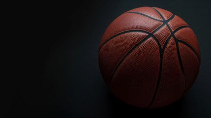 An artistic and minimalistic image featuring a dark basketball set against a solid black background, creating a sense of stark contrast and simplicity.