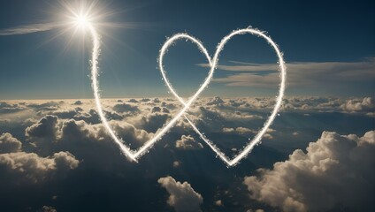 The sun rays trace a heart shape in the sky above the clouds. romantic wallpaper - obrazy, fototapety, plakaty