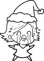 line drawing of a woman crying wearing santa hat