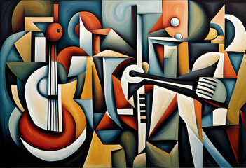 orchestra themed cubist style abstract painting of musical instruments - obrazy, fototapety, plakaty