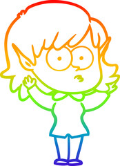 rainbow gradient line drawing cartoon elf girl staring