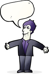 cartoon vampire man with open arms with speech bubble