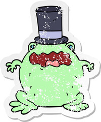 distressed sticker of a cartoon toad wearing top hat