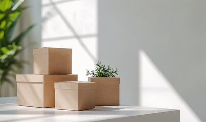 Set of cardboard boxes on a white table. Mockup. Delivery concept background.