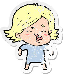 distressed sticker of a cartoon girl pulling face