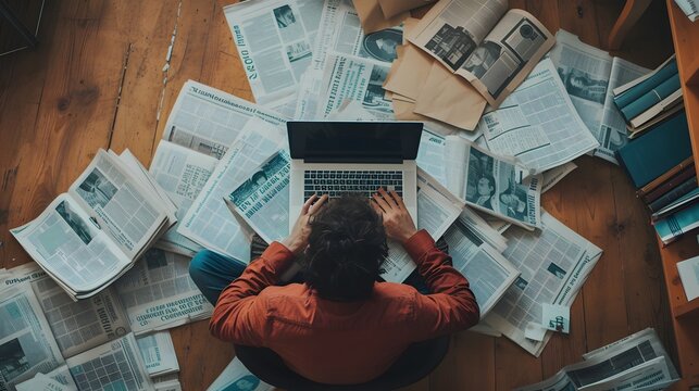 A high-angle view of a person working on a laptop surrounded by financial newspapers, emphasizing the importance of staying informed