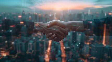 A stylized image of a handshake between two business partners against a cityscape backdrop