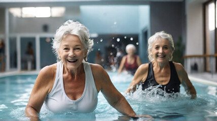 Active mature woman in 60s enjoying aqua gym class, maintaining a healthy lifestyle at a retirement...