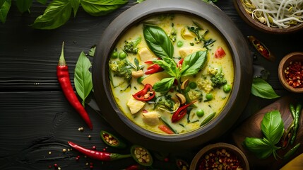 
A vibrant and aromatic Thai green curry, rich in coconut milk, adorned with colorful vegetables and fresh herbs,