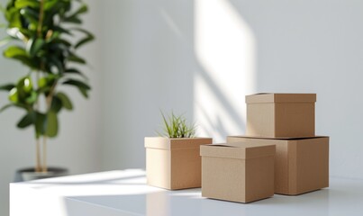 Set of cardboard boxes on a white table. Mockup. Delivery concept background.