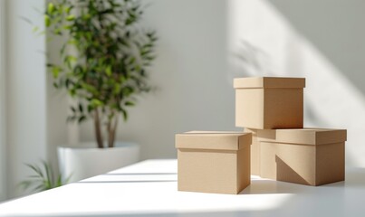 Set of cardboard boxes on a white table. Mockup. Delivery concept background.