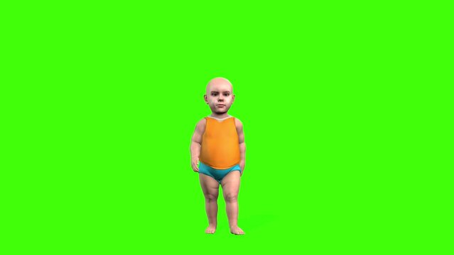 One 3D baby boy cartoon wearing a nap and waking rendering on the green screen background, A 4k realistic kid Character moves or stirs with front view loop animation on the chroma key