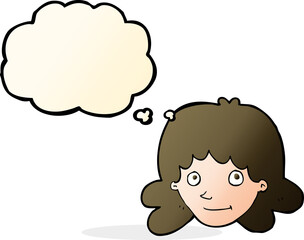 cartoon happy female face with thought bubble