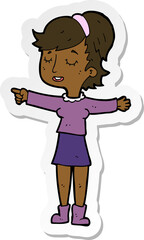 sticker of a cartoon happy woman pointing