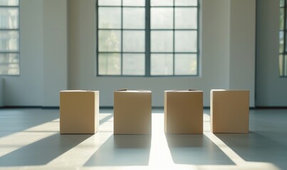 Stack of cardboard boxes in white room with sunlight. Space for text. Box mockup on white