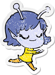 distressed sticker of a smiling alien girl cartoon