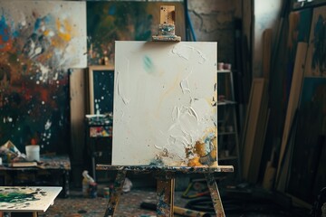 Blank art canvas in mess artist's studio.