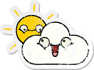 distressed sticker of a cute cartoon sunshine and cloud