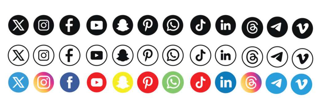 Latest updated social media or social network apps  icon set, X, Threads,Instagram, Facebook, YouTube, Tik Tok, Pinterest, WhatsApp, LinkedIn, Telegram, Snapchat, Viber, Twitter, Zoom. vector bundle .