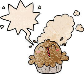cute cartoon pie and speech bubble in retro texture style