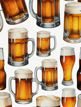 Photo Of Watercolor Beer Glasses Set Isolated On White Background.