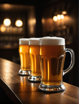 Photo Of Mugs Full Of Beer On A Bar Counter, Dramatic Lighting Illustration.