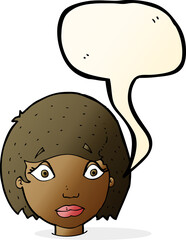 cartoon worried female face with speech bubble