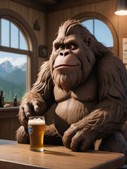 Photo Of Bigfoot Drinking A Cold Craft Beer With Scenic View.