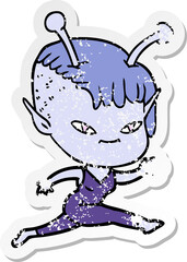 distressed sticker of a cute cartoon alien girl